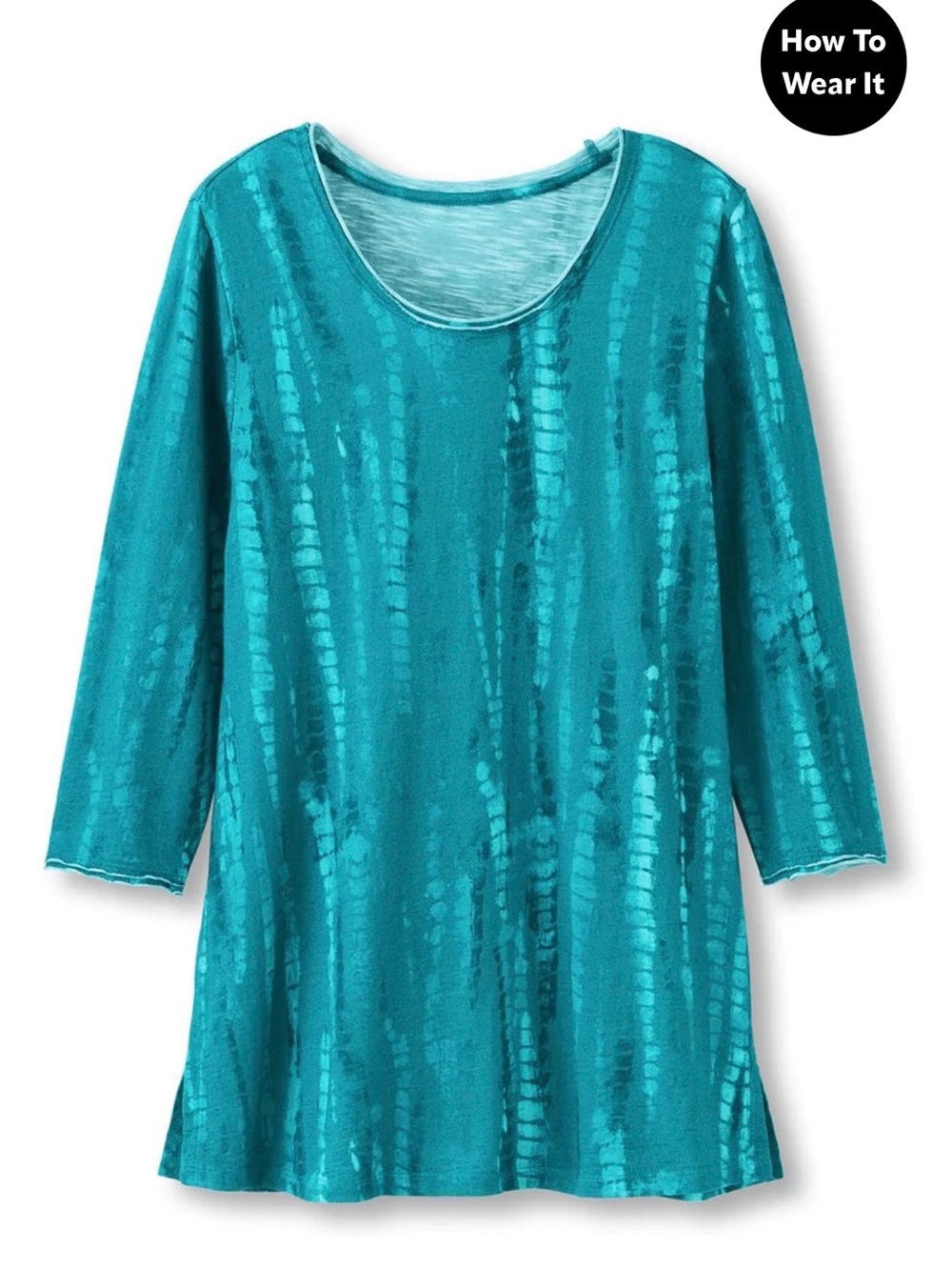 Soft Surroundings Teal Tie-Dye Knit Tunic Top Women’s Size Large 3/4 Sleeve
